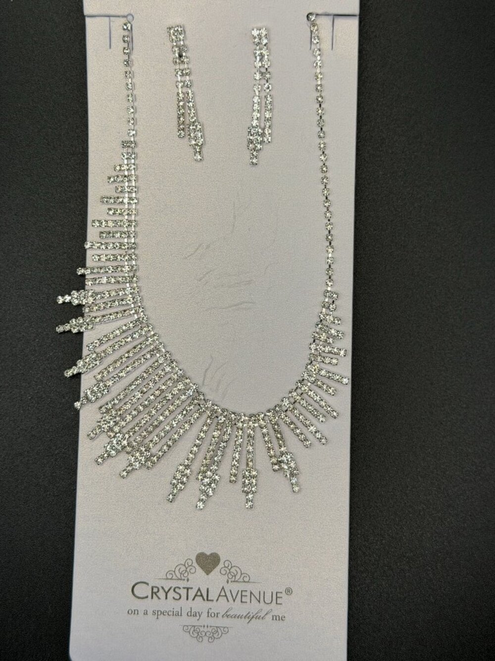 Crystal Avenue Silver Tone Rhinestone Statement Necklace & Earrings Formal Jewel